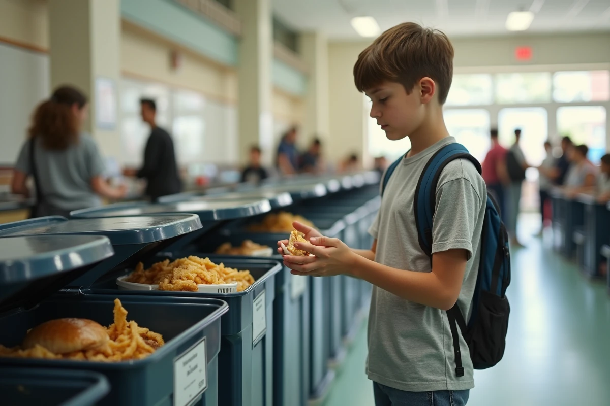 Adolescent jetant de la nourriture dans une poubelle scolaire