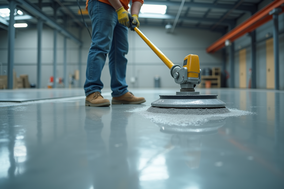 Poseur appliquant un sol autolissant dans un espace industriel