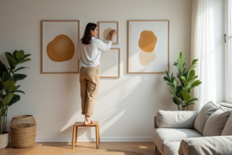 Jeune femme arrangeant des affiches d'art abstrait dans un salon