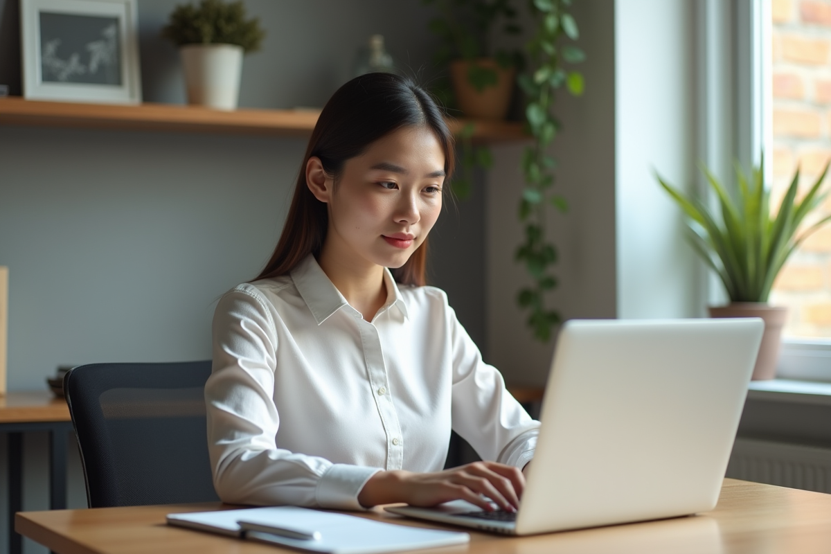 Jeune femme en tenue décontractée travaillant sur un ordinateur