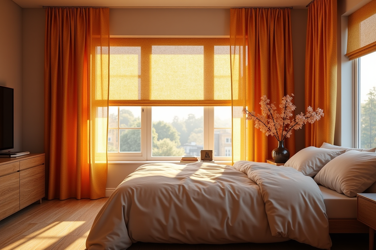 Chambre chaleureuse avec rideaux a motifs et lumiere matinale
