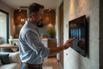 Homme d'âge moyen utilisant un panneau de contrôle domotique moderne