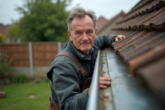 Couvreur inspectant une gouttière en zinc sur un toit résidentiel
