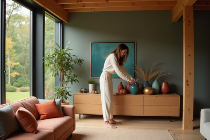 Femme arrangeant des vases colorés dans un salon moderne