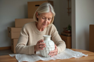 Femme emballant une vase en céramique avec soin