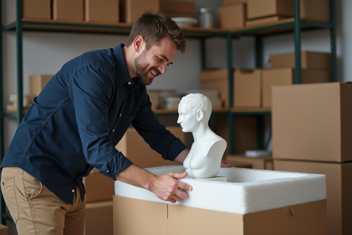 Jeune homme sécurisant une sculpture fragile dans un carton