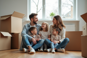 Famille dans un salon en déménagement avec cartons