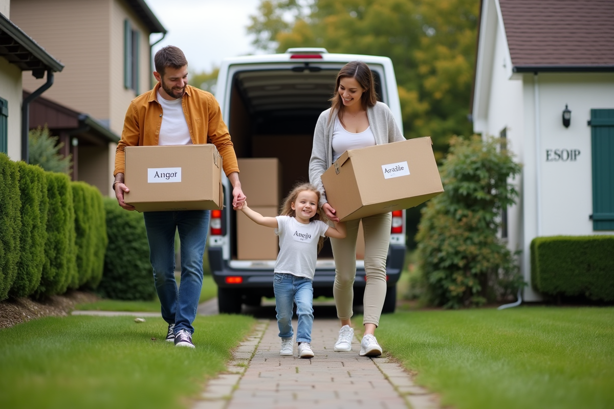 Famille portant des cartons devant une maison en déplacement