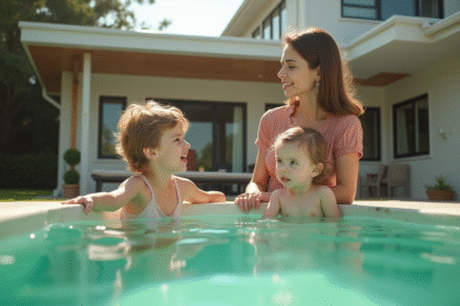 Famille près d'une piscine verte en été avec enfants et parents