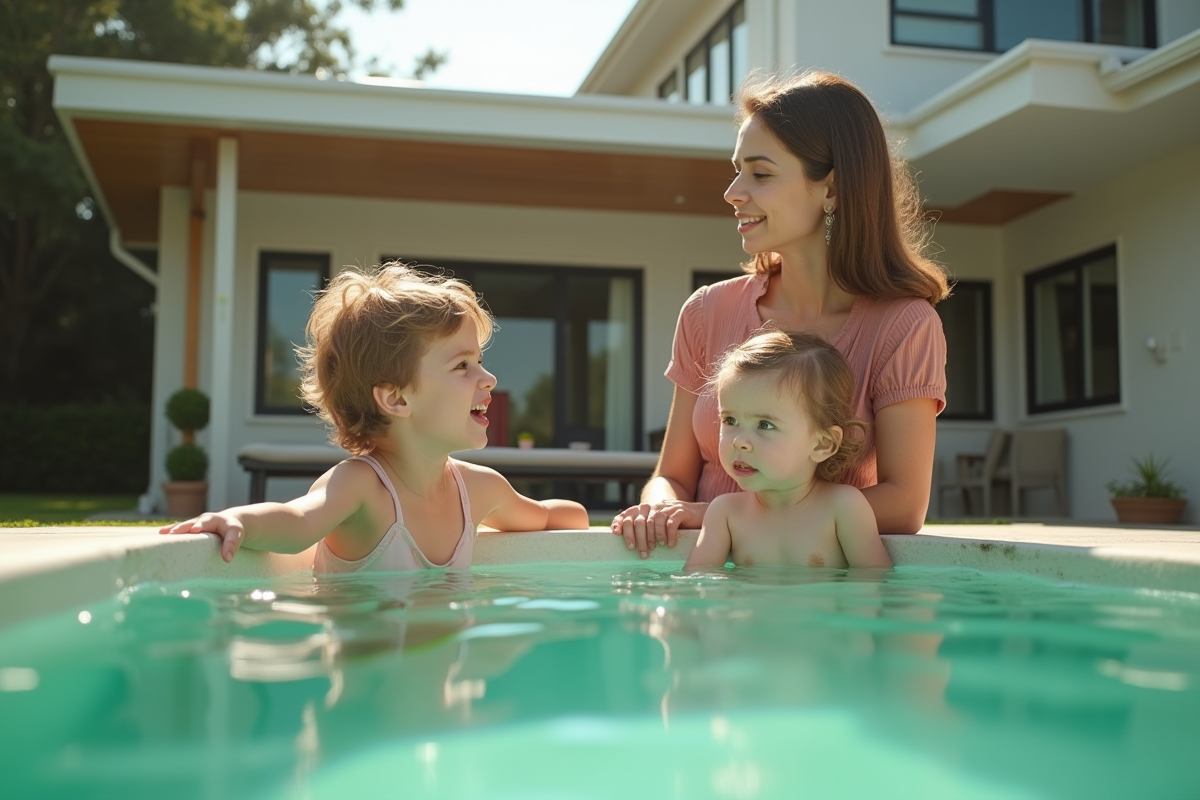 Famille près d'une piscine verte en été avec enfants et parents
