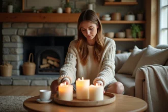 Femme arrangeant des bougies artisanales dans un salon chaleureux