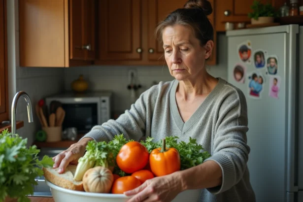 Femme triant des légumes abîmés dans un composteur