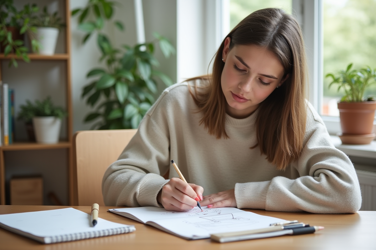 Jeune femme dessinant un cube avec dimensions dans un salon lumineux