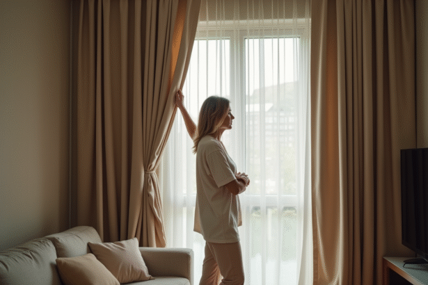 Femme d'âge moyen tirant les rideaux occultants dans un salon moderne