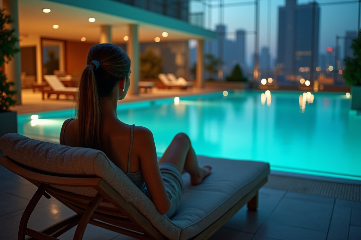 Femme relaxant au bord de la piscine illuminée au crépuscule