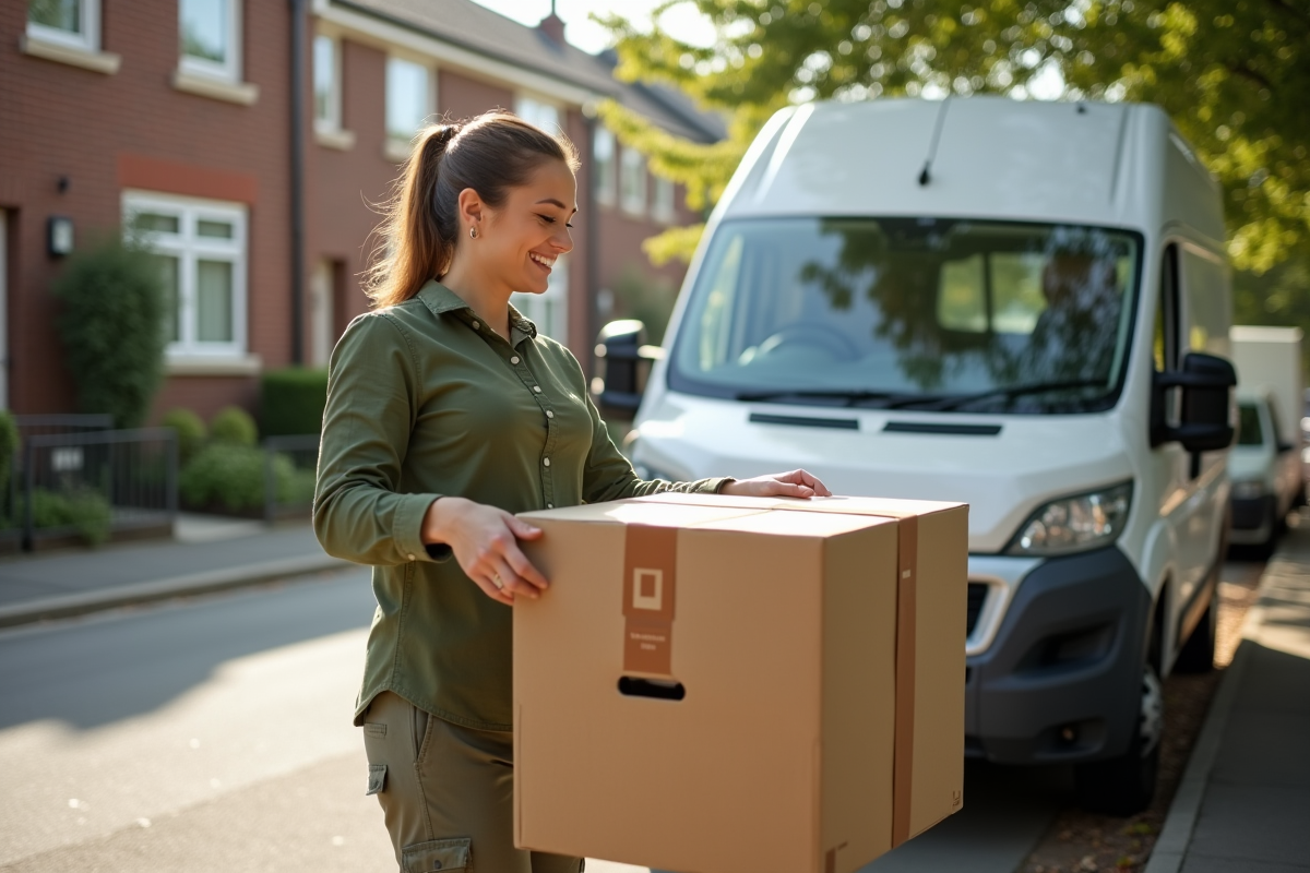 Femme souriante emballant une boîte à l