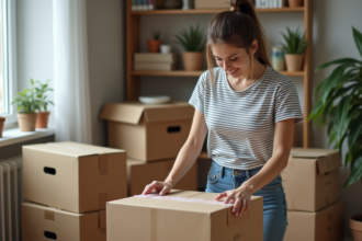 Jeune femme emballant un carton dans un appartement organisé