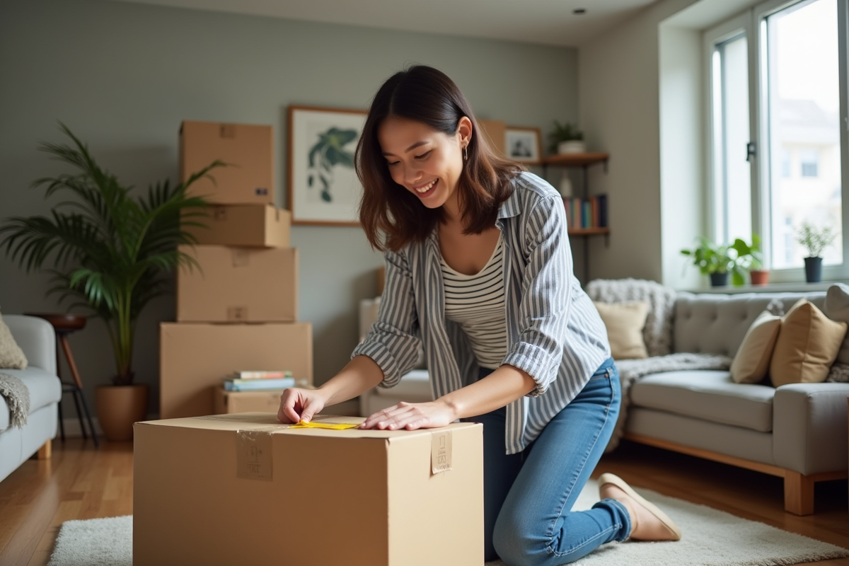 Femme emballant une boxe en carton dans un salon moderne