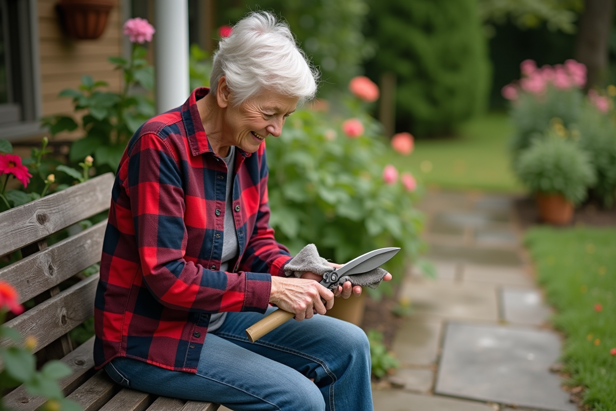 Femme âgée huilant des sécateurs dans un jardin paisible