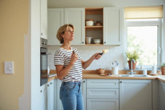 Femme en train de peindre une cuisine moderne