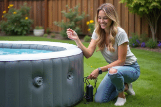 Femme en extérieur près d'un spa gonflable dans un jardin