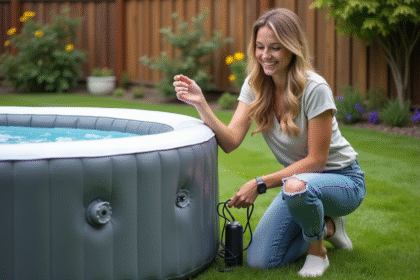 Femme en extérieur près d'un spa gonflable dans un jardin