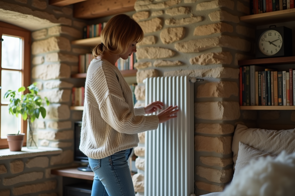 Femme ajustant un radiateur dans un salon rustique