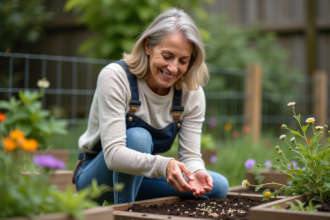 Femme en jardinage semant des fleurs sauvages dans son jardin