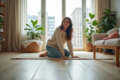Femme assise sur un sol en linoleum dans un salon lumineux