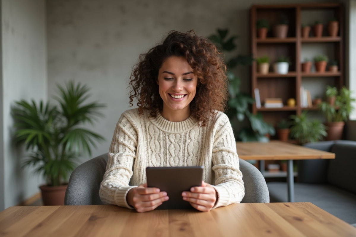 Jeune femme souriante utilisant une tablette pour la domotique
