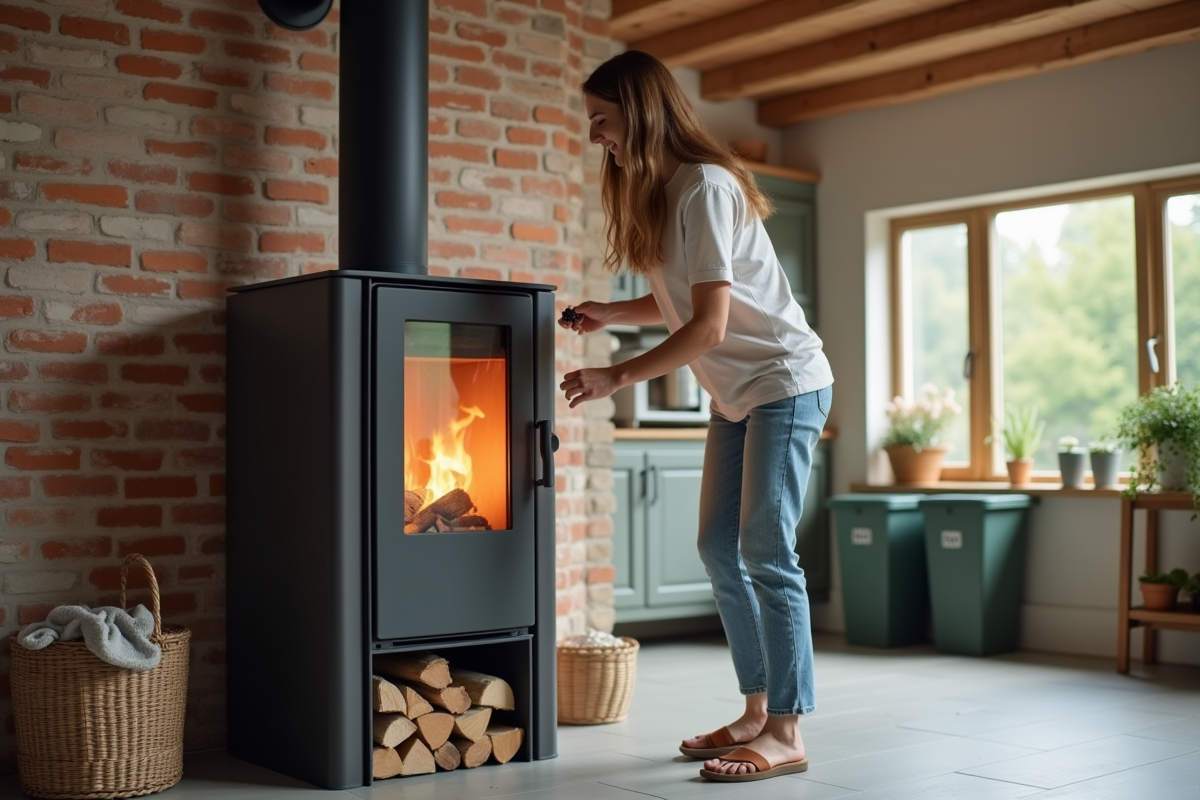 Jeune femme vérifiant la température d’un poêle à granulés moderne