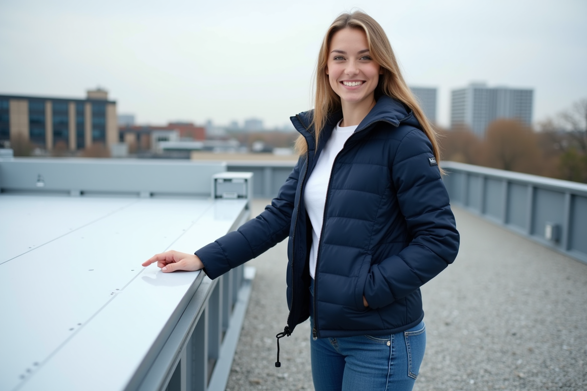 Jeune femme professionnelle pointant une membrane sur le toit