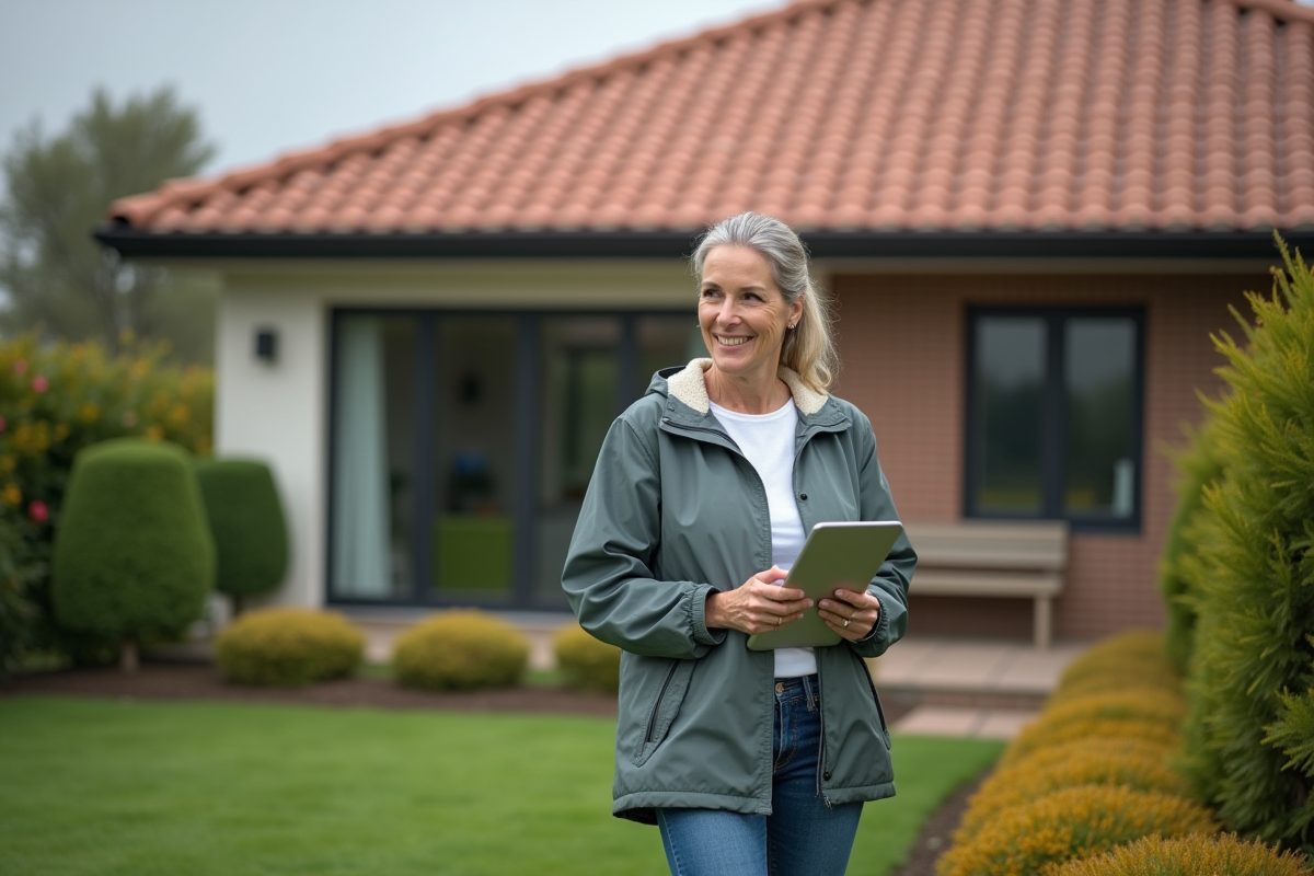 Femme souriante inspectant son toit en tuiles modernes avec tablette