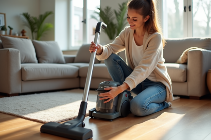 Femme inspectant le filtre d'un aspirateur moderne dans un salon lumineux