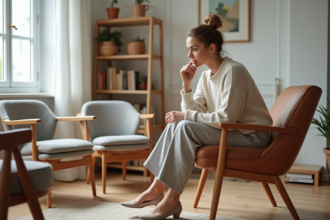 Femme élégante examinant des chaises vintage dans un salon moderne
