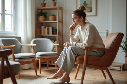 Femme élégante examinant des chaises vintage dans un salon moderne