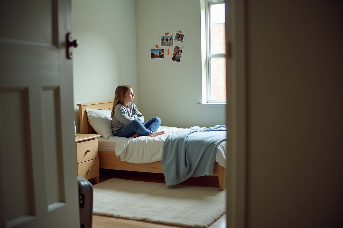 Jeune fille assise pensivement dans sa chambre