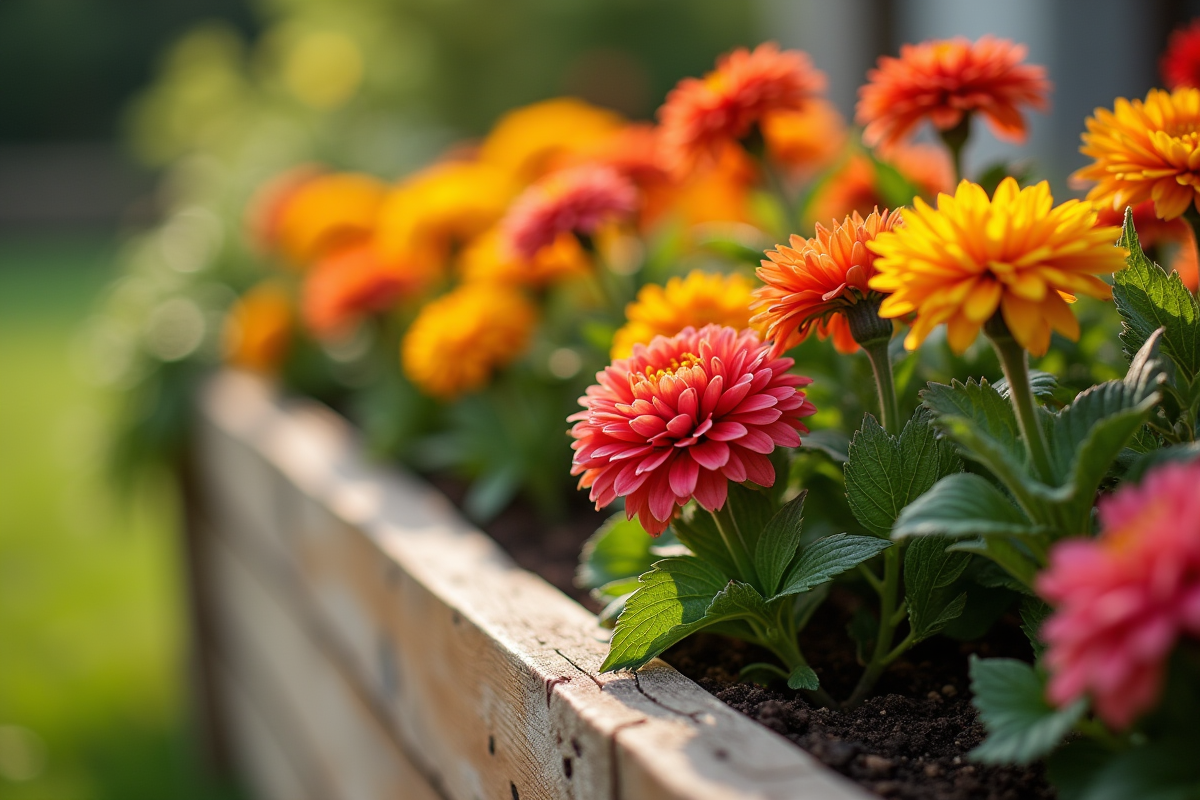 Fleurs colorées dans une jardiniere en bois bien entretenue