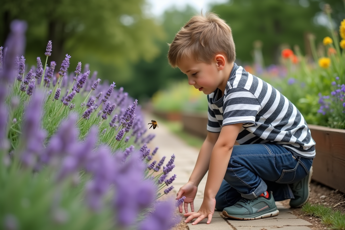 Garçon regardant des abeilles sur la lavande dans un jardin