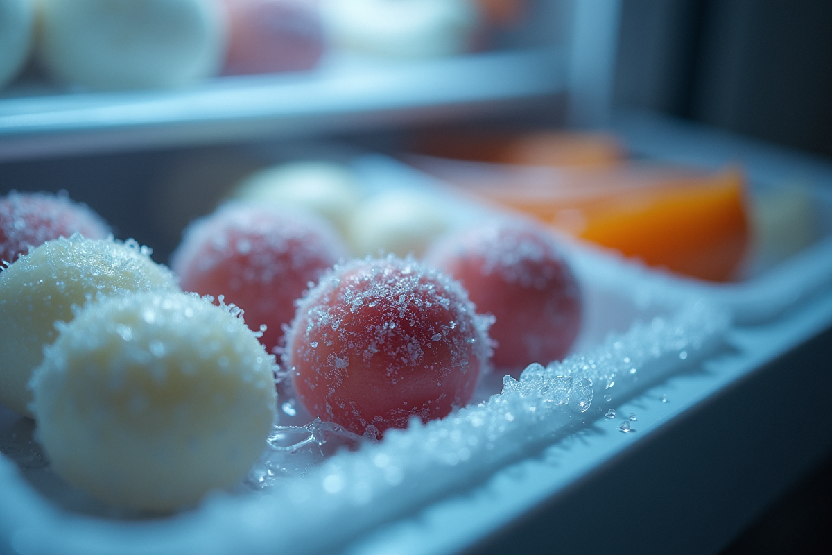 Gouttelettes de condensation sur un tiroir de freezer mal fermé