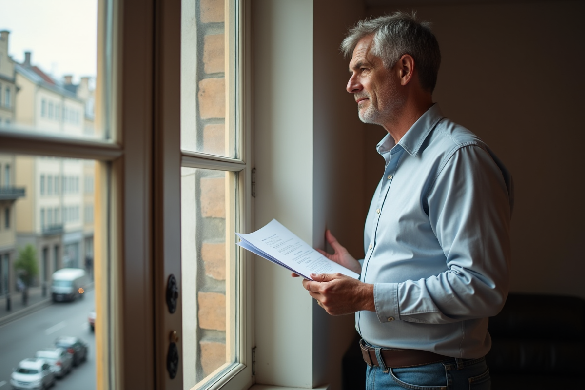 Homme d'âge moyen tenant des plans architecturaux dans un appartement
