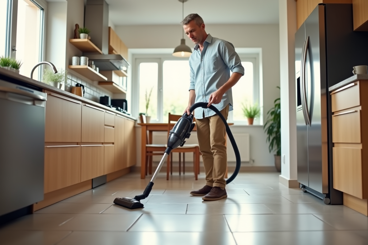 Homme utilisant un aspirateur dans une cuisine spacieuse et lumineuse