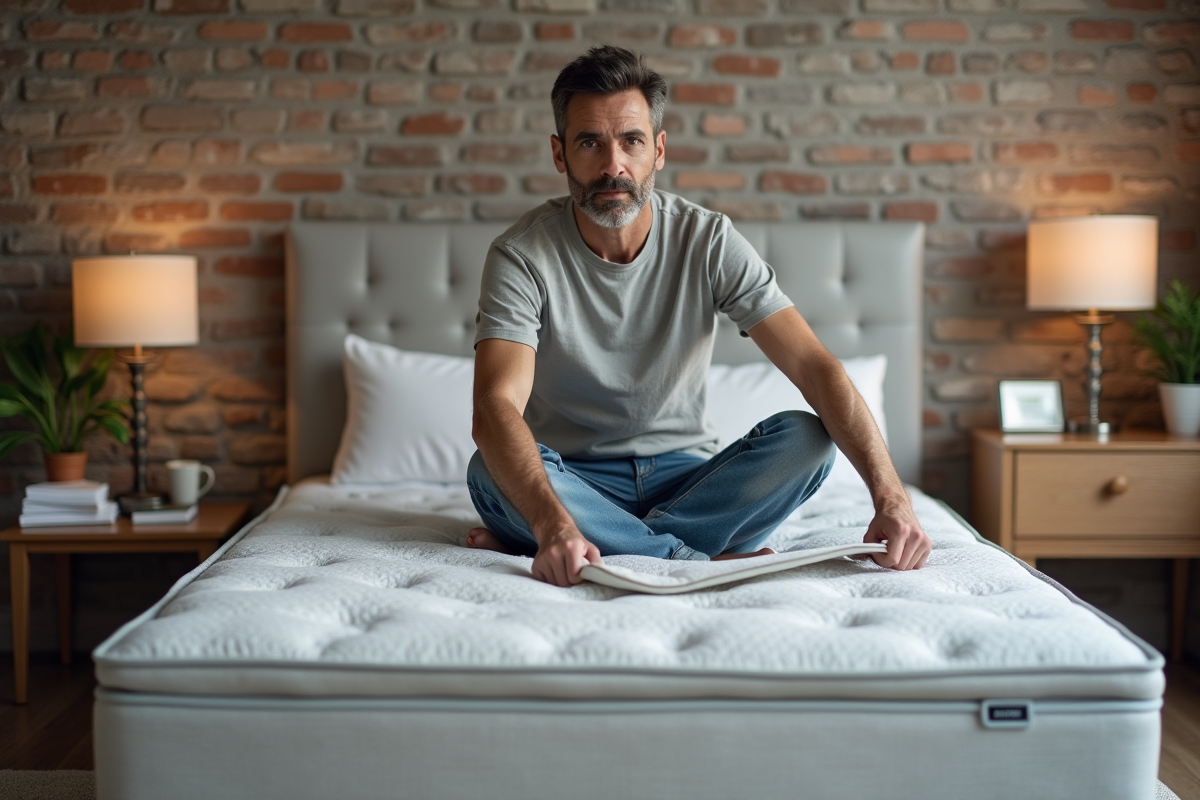 Homme de 40 ans déballant un matelas dans une chambre simple