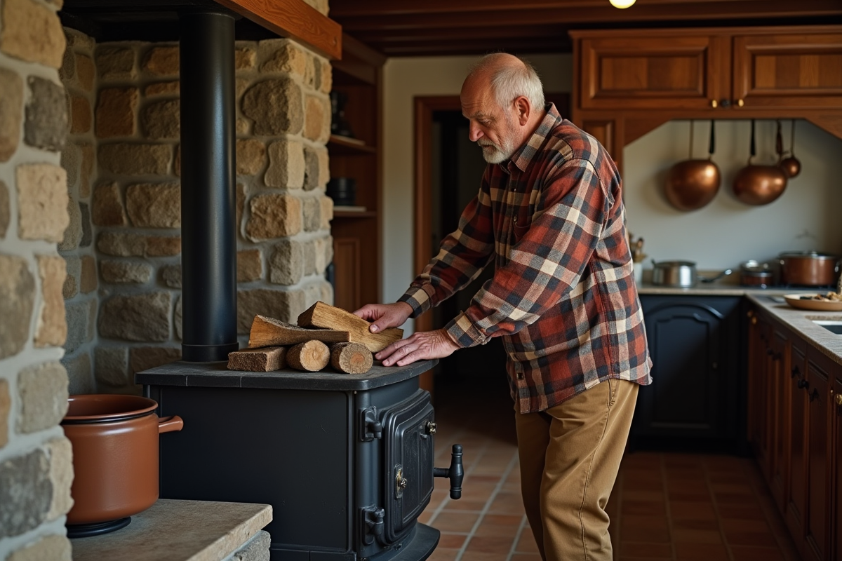 Homme posant du bois dans un poêle en cuisine traditionnelle