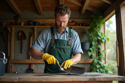 Homme en tenue de jardinage appliquant de l'huile sur une pelle
