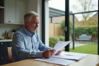 Homme d'âge moyen lisant documents d'impots dans la cuisine
