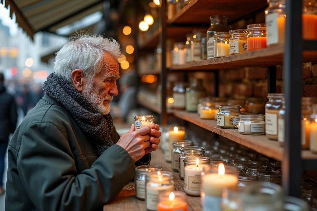 Homme âgé examinant des bougies parfumées au marché intérieur