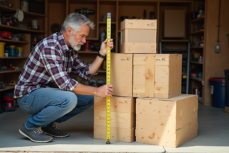 Homme mesurant une pile de caisses en bois dans un garage lumineux