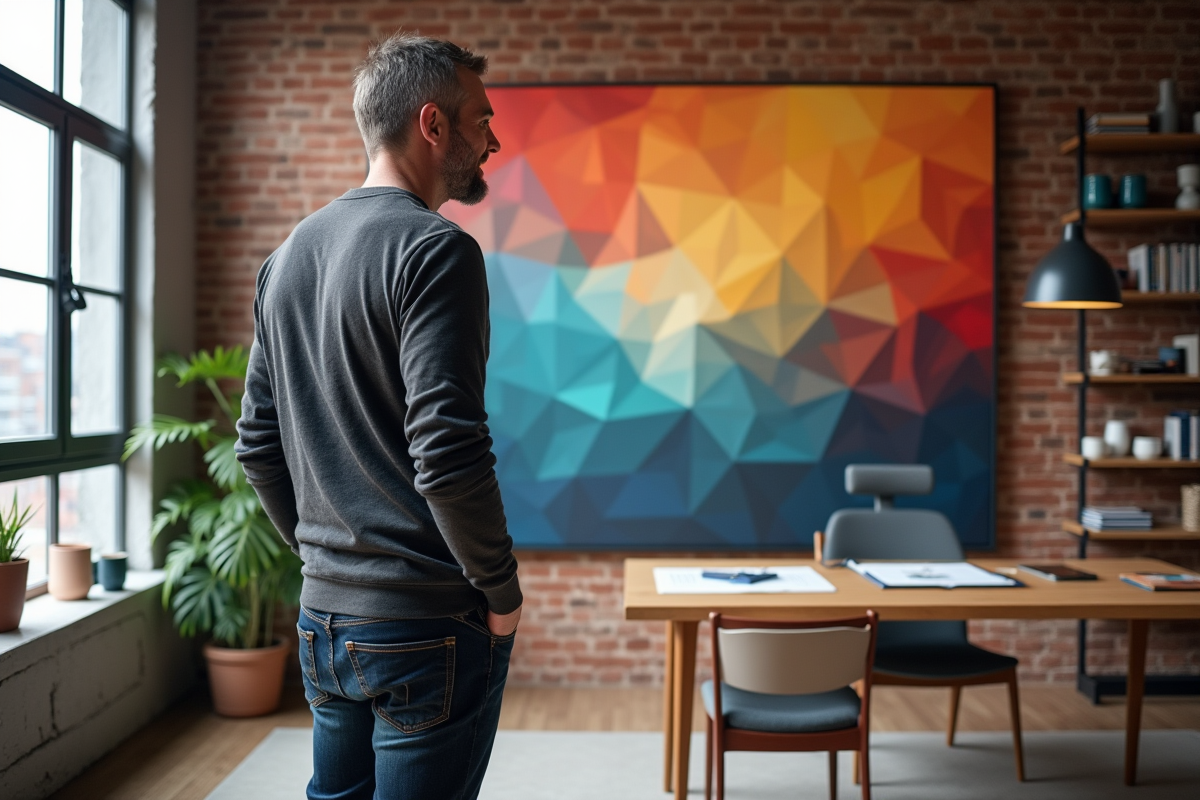 Homme admirant une fresque géométrique dans un bureau cosy