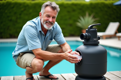 Homme en été nettoyant un filtre de piscine extérieur